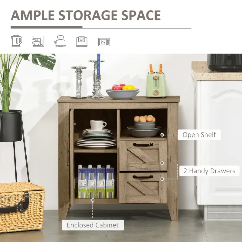 HOMCOM Sideboard, Farmhouse Buffet Cabinet with Storage Open Shelf, 2 Drawers and Open Countertop, Oak Finish