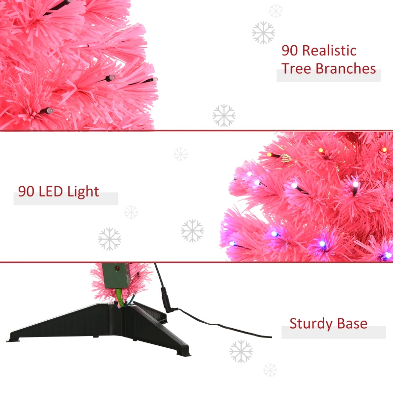 HOMCOM 3ft Tall Pre-Lit Douglas Fir Artificial Christmas Tree with Realistic Branches, 90 Multi-Color LED Lights, Fiber Optics, and 90 Tips, Pink