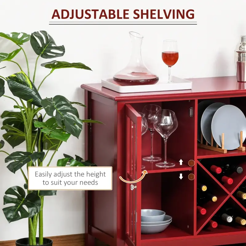 HOMCOM Sideboard, Glass Door Serving Buffet Cabinet, Liquor Cabinet with 12 Bottle Wine Rack, Red