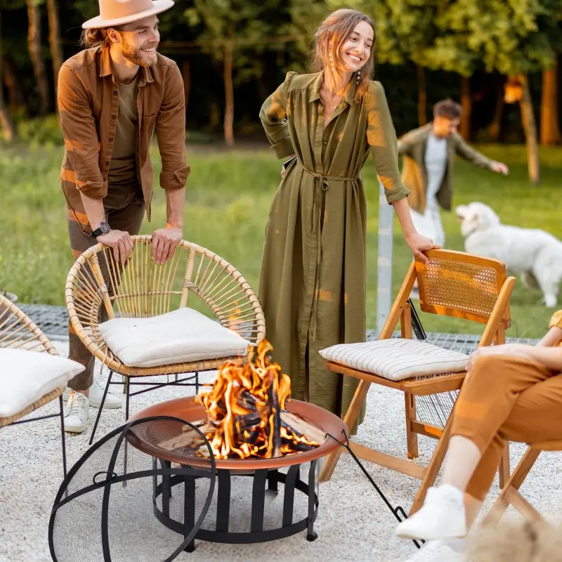 Outsunny 30" Outdoor Fire Pits, Copper-Colored Round Metal Camping Fire Pit, Firepit with Black Ornate Base, Poker, & Mesh Screen for Ember Protection