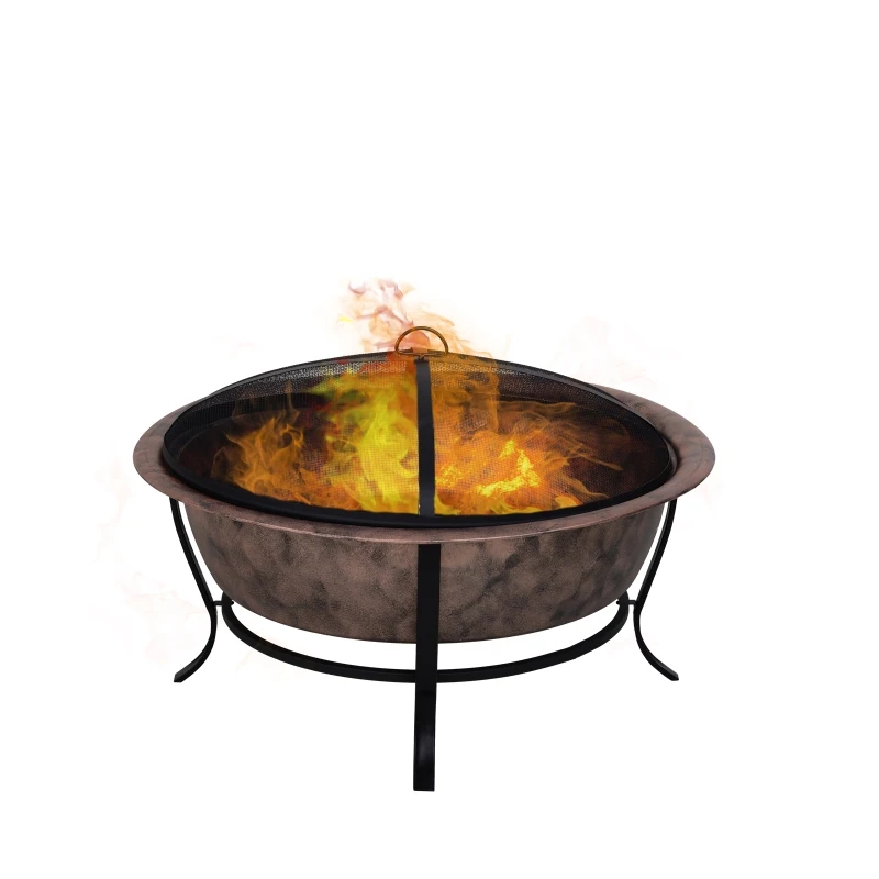 Outsunny 35" Outdoor Fire Pits, Wood Burning Camping Fire Pit, Black Rustic Cauldron Style Steel Firepit Bowl w/ Log Poker and Mesh Screen Enclosure for Ember Protection