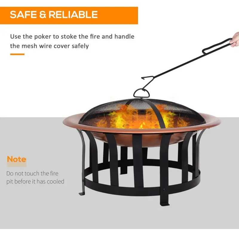 Outsunny 30" Outdoor Fire Pits, Copper-Colored Round Metal Camping Fire Pit, Firepit with Black Ornate Base, Poker, & Mesh Screen for Ember Protection