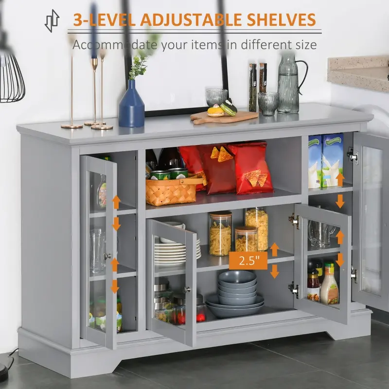HOMCOM Sideboard Buffet Cabinet with Storage, Kitchen Cabinet Coffee Bar Cabinet with Glass Doors for Living Room, Kitchen, Grey
