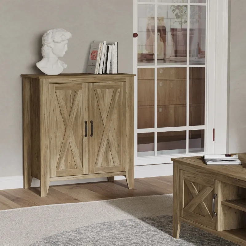 HOMCOM Rustic Farmhouse Sideboard, Accent Buffet Cabinet with Double Barn Doors and Fixed Shelf, Oak Finish