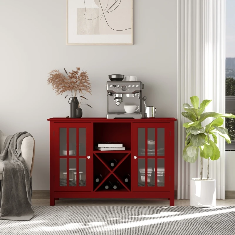 HOMCOM Sideboard, Glass Door Serving Buffet Cabinet, Liquor Cabinet with 12 Bottle Wine Rack, Red