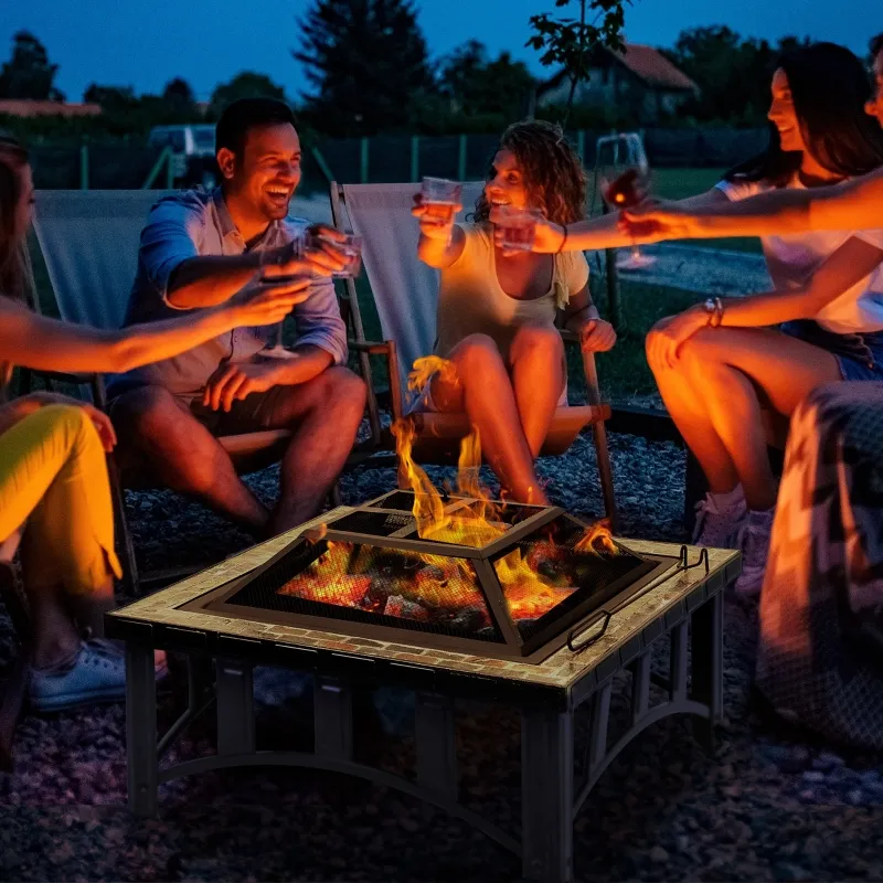 Outsunny 30" Outdoor Fire Pits, Square Steel Wood Burning Fire Pits with Spark Screen, Cooking Grill and Log Poker, Camping Fire Pit for Backyard, Patio