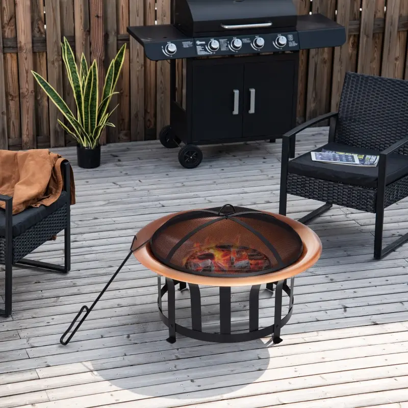 Outsunny 30" Outdoor Fire Pits, Copper-Colored Round Metal Camping Fire Pit, Firepit with Black Ornate Base, Poker, & Mesh Screen for Ember Protection