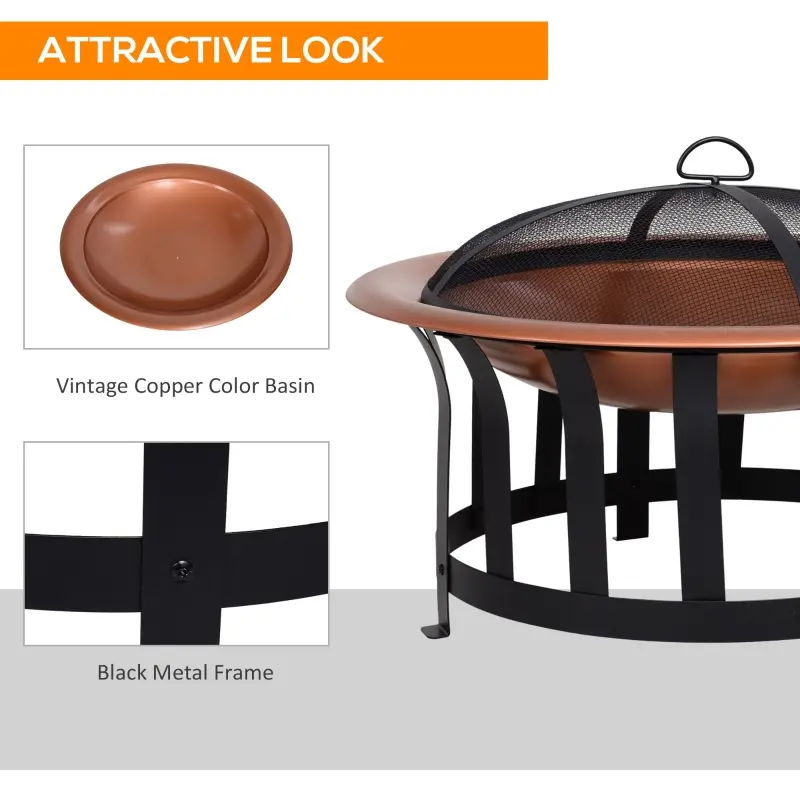 Outsunny 30" Outdoor Fire Pits, Copper-Colored Round Metal Camping Fire Pit, Firepit with Black Ornate Base, Poker, & Mesh Screen for Ember Protection