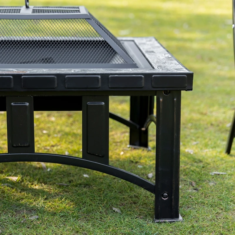 Outsunny 30" Outdoor Fire Pits, Square Steel Wood Burning Fire Pits with Spark Screen, Cooking Grill and Log Poker, Camping Fire Pit for Backyard, Patio