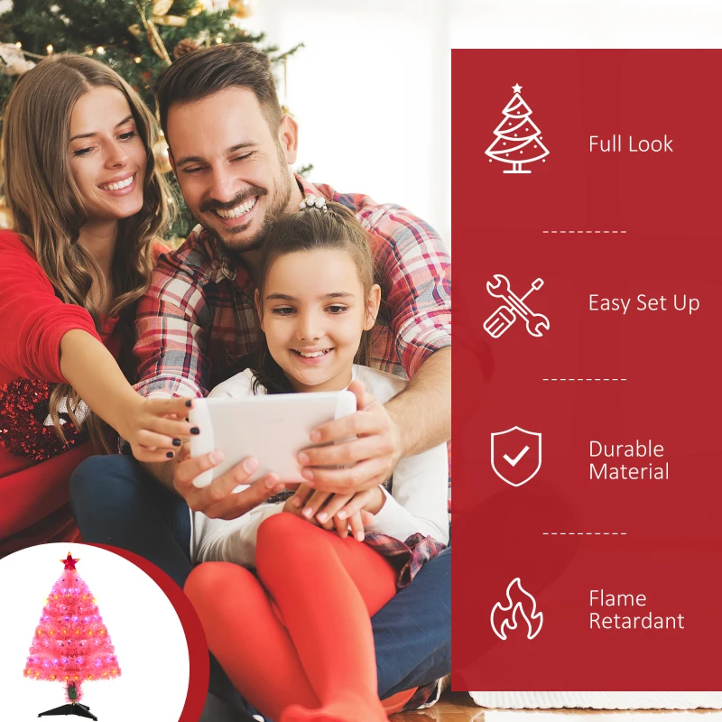 HOMCOM 3ft Tall Pre-Lit Douglas Fir Artificial Christmas Tree with Realistic Branches, 90 Multi-Color LED Lights, Fiber Optics, and 90 Tips, Pink