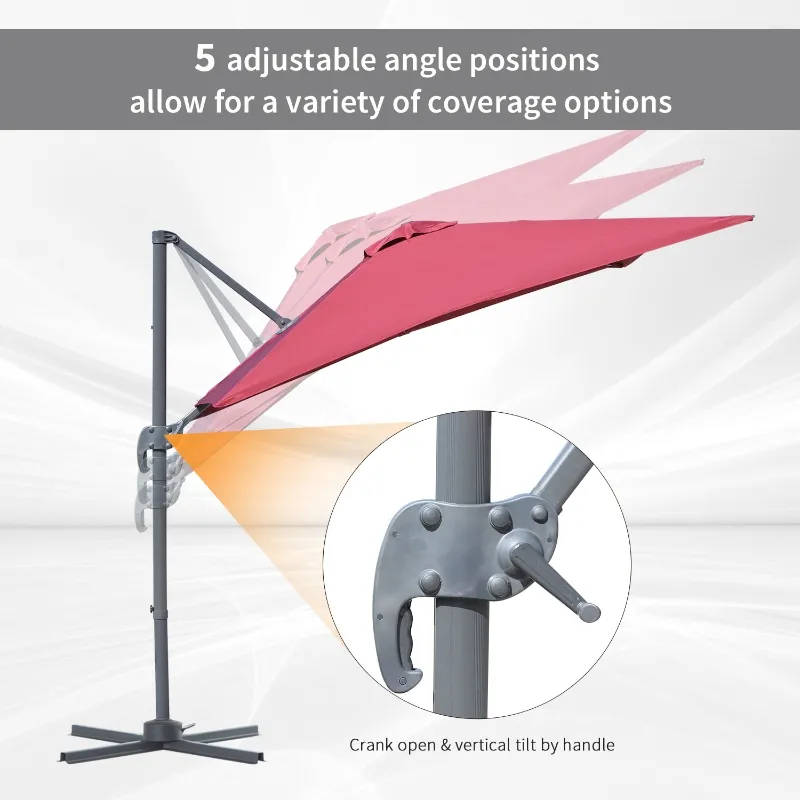 Outsunny 8' x 8' Square Patio Hanging Offset Umbrella Aluminum Outdoor Cantilever Crank Market Parasol Garden Sun Canopy Shelter 360° Rotation w/ Cross Base Wine Red