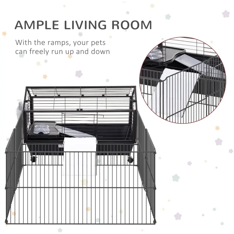 PawHut Rolling Metal Rabbit, Guinea Pig, or Small Animal Hutch Cage with Main House and Run