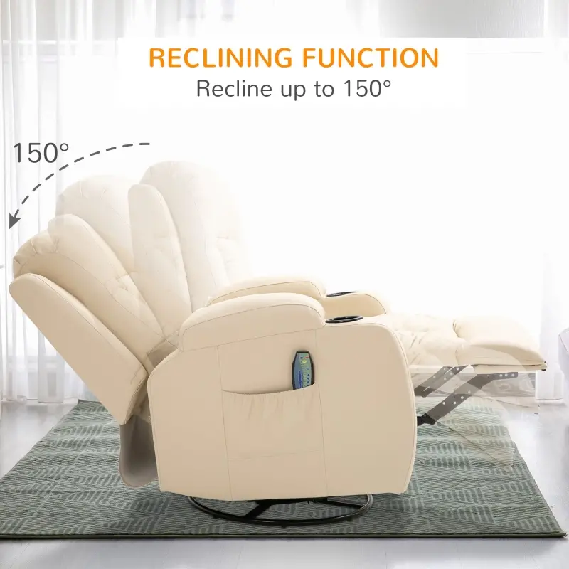 HOMCOM Vibration Massage Recliner Chair for Living Room with Heat,  Swivel Single Sofa, Modern PU Leather Manual Reclining Chair with Footrest, Cream White