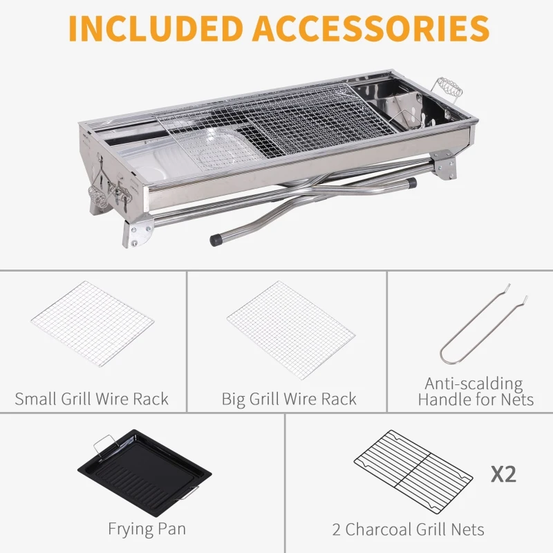 Outsunny Charcoal Barbecue Grill Stainless Steel Portable Folding Charcoal BBQ Grill Stainless Steel Camp Picnic Cooker