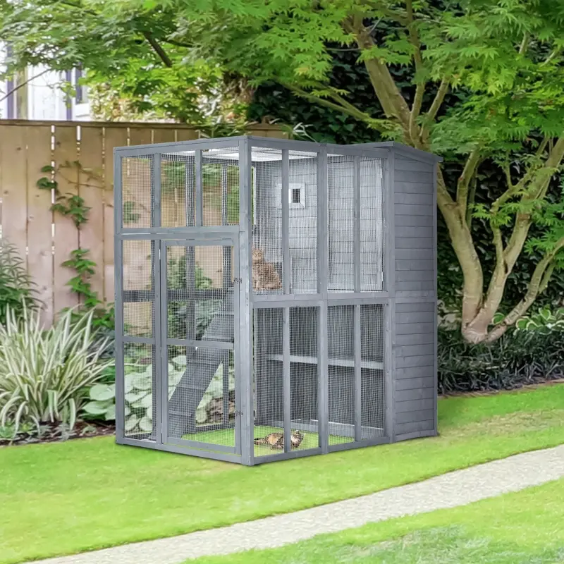 PawHut Large Wooden Outdoor Cat House with Large Run for Play, Catio for Lounging, and Condo Area for Sleeping, Grey