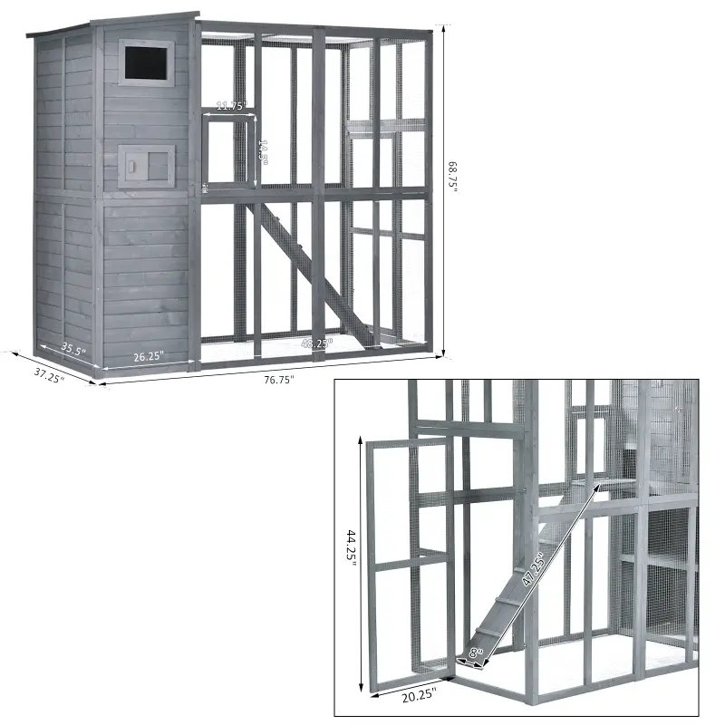 PawHut Large Wooden Outdoor Cat House with Large Run for Play, Catio for Lounging, and Condo Area for Sleeping, Grey