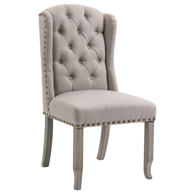 HOMCOM Fabric Dining Chair, Upholstered Accent Chair with Tufted Wingback, Nailhead Trim & Wood Legs for Living Room, Kitchen, Beige