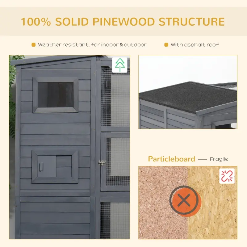 PawHut Large Wooden Outdoor Cat House with Large Run for Play, Catio for Lounging, and Condo Area for Sleeping, Grey