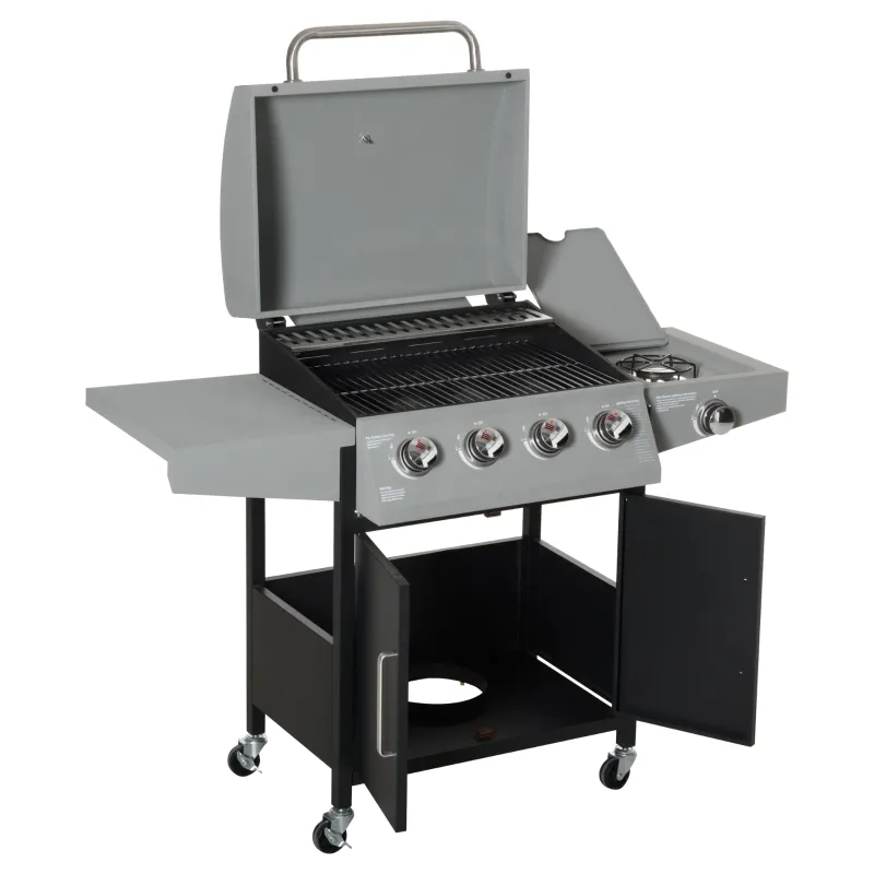 Outsunny 52" Barbecue Grill with Wheels 4+1 Burner Liquid Propane Gas Grill Outdoor Cabinet Style BBQ Trolley w/ Side Burner, Warming Rack, Storage Cabinet