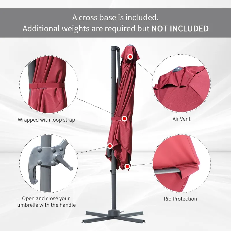 Outsunny 8' x 8' Square Patio Hanging Offset Umbrella Aluminum Outdoor Cantilever Crank Market Parasol Garden Sun Canopy Shelter 360° Rotation w/ Cross Base Wine Red