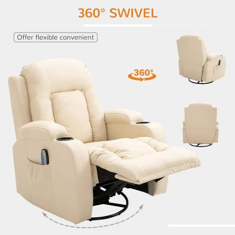 HOMCOM Vibration Massage Recliner Chair for Living Room with Heat,  Swivel Single Sofa, Modern PU Leather Manual Reclining Chair with Footrest, Cream White