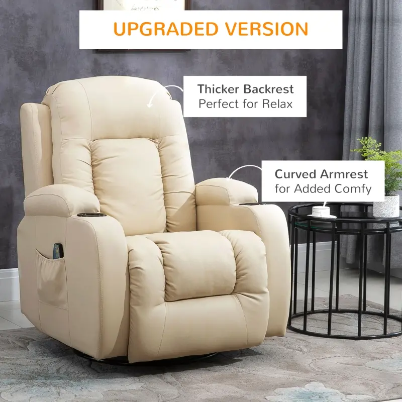 HOMCOM Vibration Massage Recliner Chair for Living Room with Heat,  Swivel Single Sofa, Modern PU Leather Manual Reclining Chair with Footrest, Cream White