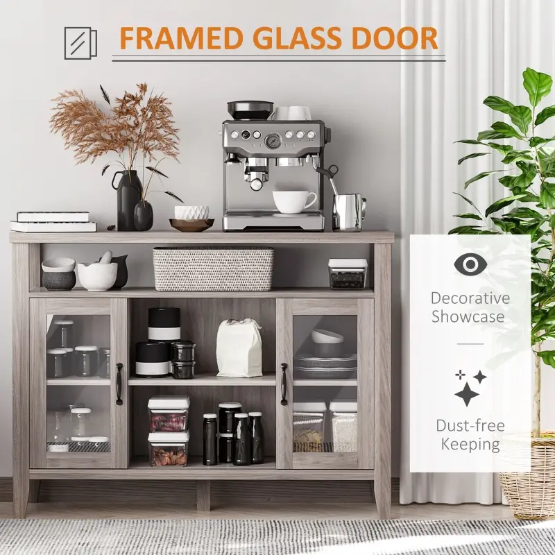 HOMCOM Farmhouse Sideboard Buffet Cabinet, Coffee Bar Cabinet with Storage Shelves, Kitchen Cabinet with 2 Framed Glass Doors and Anti-Topple, Distressed Gray