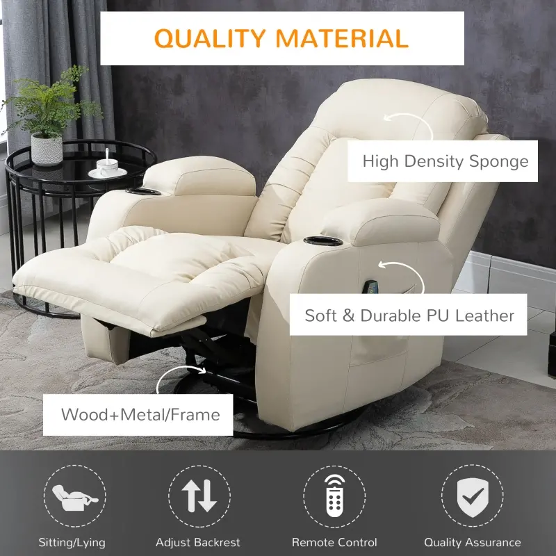 HOMCOM Vibration Massage Recliner Chair for Living Room with Heat,  Swivel Single Sofa, Modern PU Leather Manual Reclining Chair with Footrest, Cream White