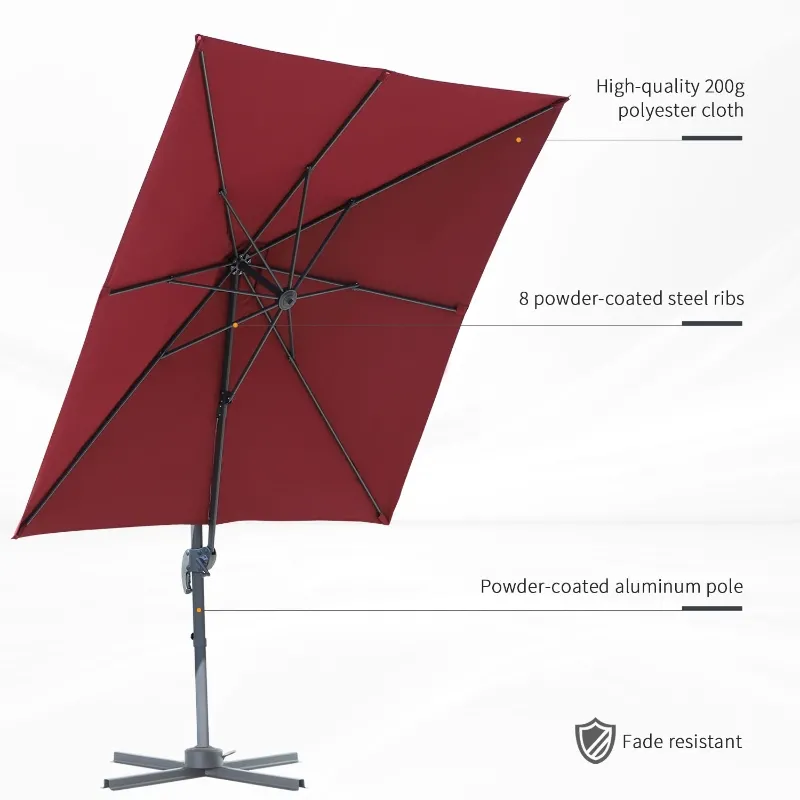 Outsunny 8' x 8' Square Patio Hanging Offset Umbrella Aluminum Outdoor Cantilever Crank Market Parasol Garden Sun Canopy Shelter 360° Rotation w/ Cross Base Wine Red