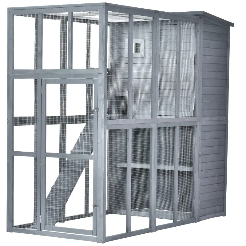 PawHut Large Wooden Outdoor Cat House with Large Run for Play, Catio for Lounging, and Condo Area for Sleeping, Grey