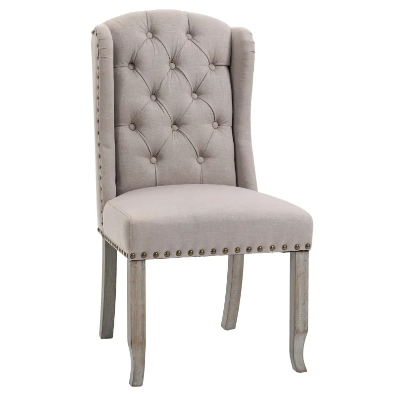 HOMCOM Fabric Dining Chair, Upholstered Accent Chair with Tufted Wingback, Nailhead Trim & Wood Legs for Living Room, Kitchen, Beige