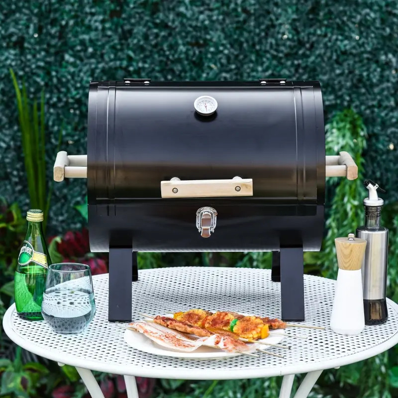 Outsunny 20" Charcoal Barbecue Grill with Wooden Handle Portable Outdoor Camping Charcoal Barbecue Grill Improved Air Circulation