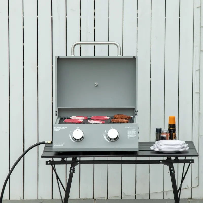 Outsunny 2 Burner Folding Tabletop Gas BBQ Grill w/ Lid, Thermometer, Carbon Steel, Gray