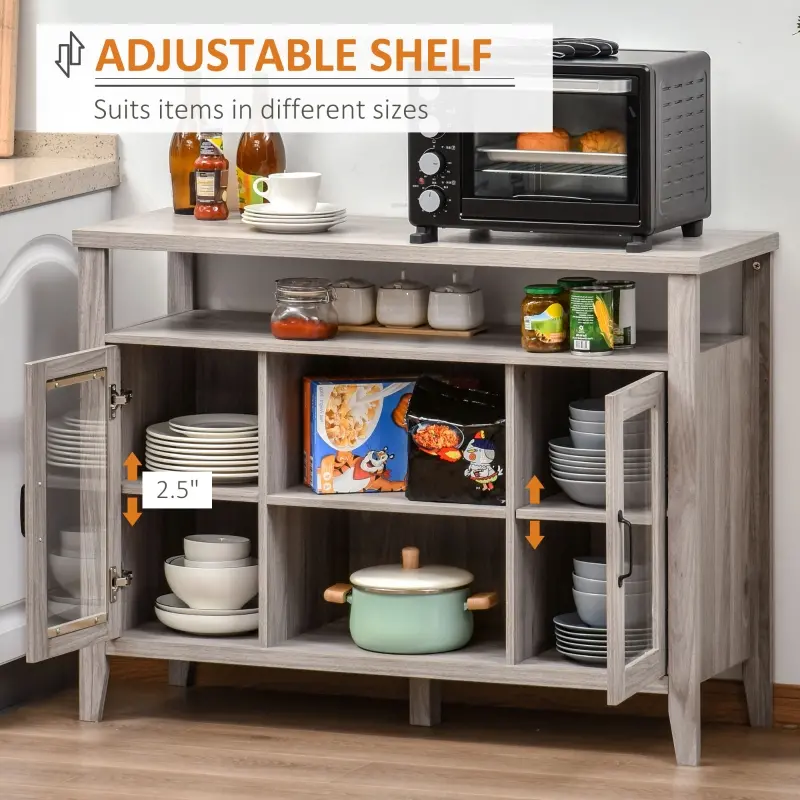 HOMCOM Farmhouse Sideboard Buffet Cabinet, Coffee Bar Cabinet with Storage Shelves, Kitchen Cabinet with 2 Framed Glass Doors and Anti-Topple, Distressed Gray