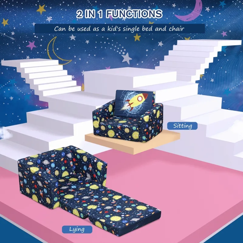 Qaba Children Kids Mini Sofa Armchair Dual-Use Comfortable Washable and Safe Foldable Suitable for Watching Movies and Playing Games Polyester Blue