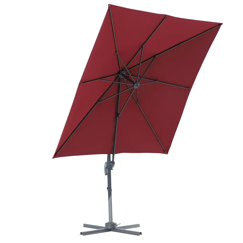 Outsunny 8' x 8' Square Patio Hanging Offset Umbrella Aluminum Outdoor Cantilever Crank Market Parasol Garden Sun Canopy Shelter 360° Rotation w/ Cross Base Wine Red