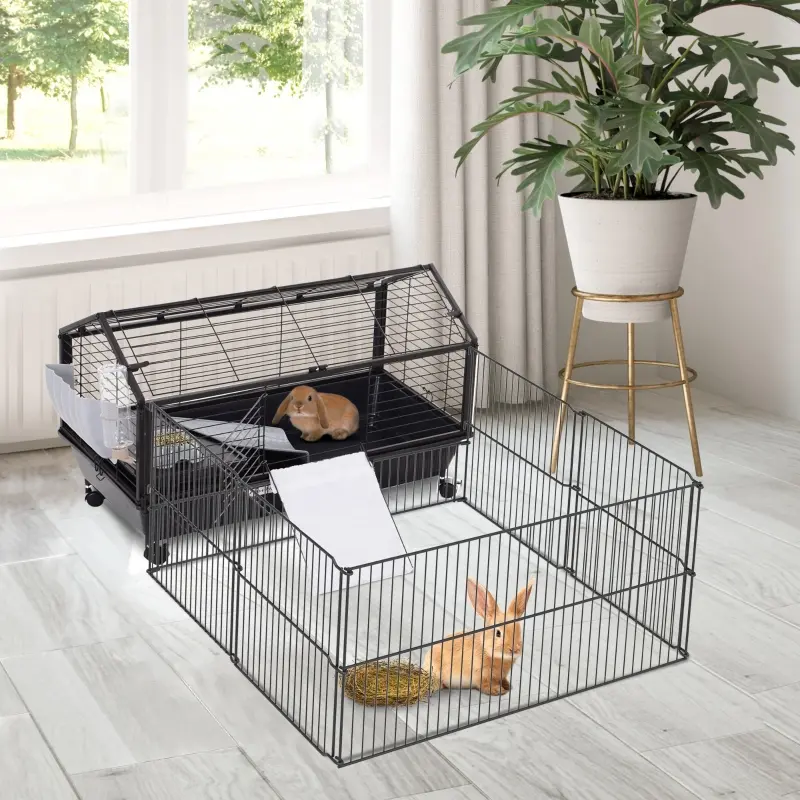 PawHut Rolling Metal Rabbit, Guinea Pig, or Small Animal Hutch Cage with Main House and Run
