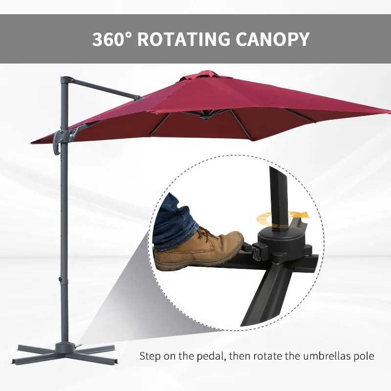 Outsunny 8' x 8' Square Patio Hanging Offset Umbrella Aluminum Outdoor Cantilever Crank Market Parasol Garden Sun Canopy Shelter 360° Rotation w/ Cross Base Wine Red