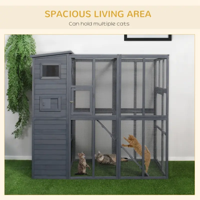 PawHut Large Wooden Outdoor Cat House with Large Run for Play, Catio for Lounging, and Condo Area for Sleeping, Grey