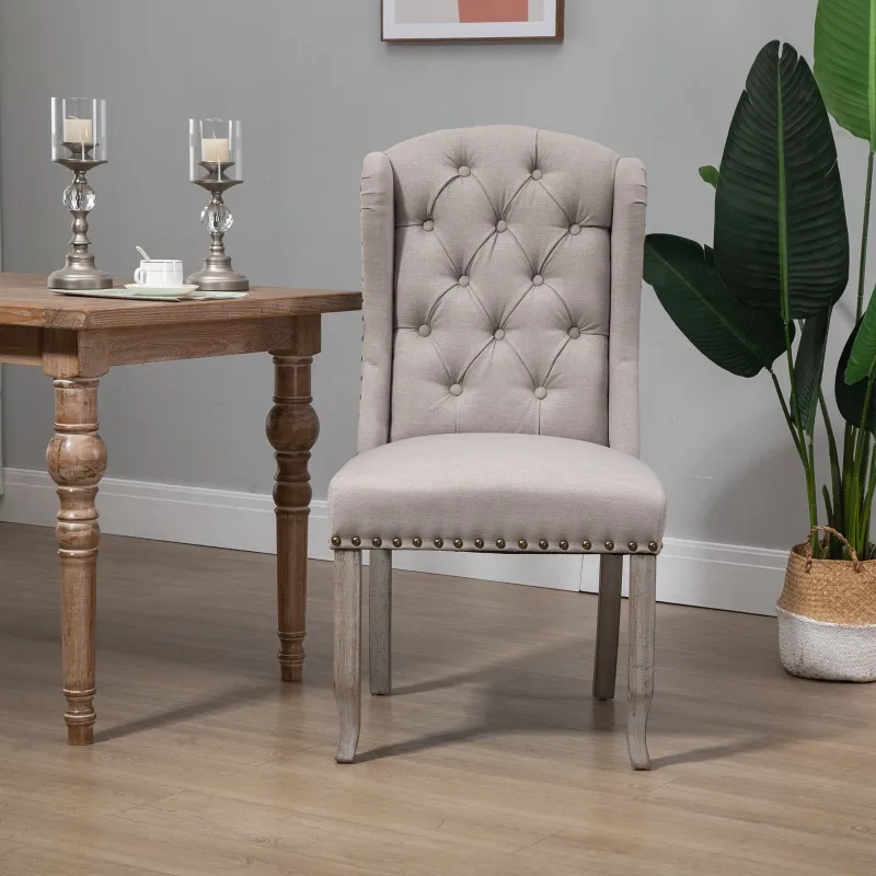 HOMCOM Fabric Dining Chair, Upholstered Accent Chair with Tufted Wingback, Nailhead Trim & Wood Legs for Living Room, Kitchen, Beige