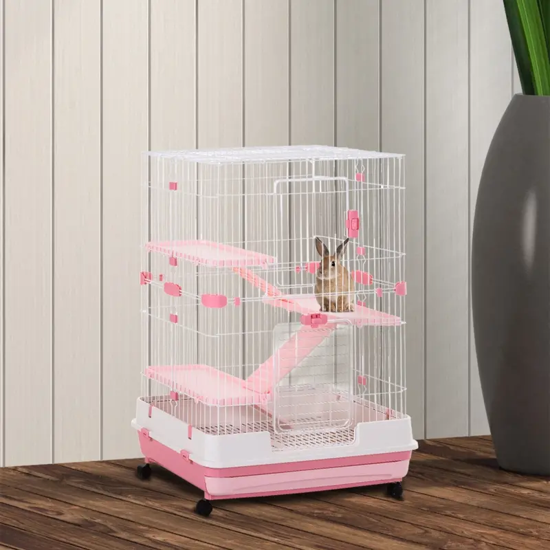 PawHut 4-level Indoor Guinea Pig Hutch Rabbit Enclosure Small Animal Hutch - Pink