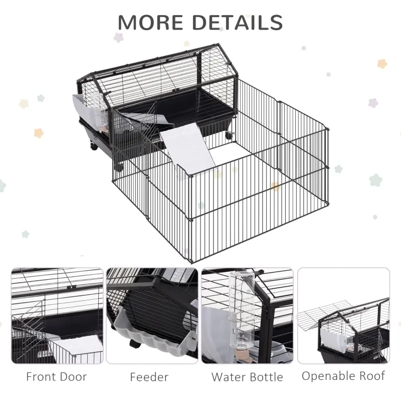 PawHut Rolling Metal Rabbit, Guinea Pig, or Small Animal Hutch Cage with Main House and Run