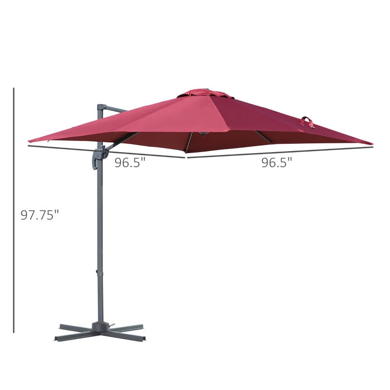 Outsunny 8' x 8' Square Patio Hanging Offset Umbrella Aluminum Outdoor Cantilever Crank Market Parasol Garden Sun Canopy Shelter 360° Rotation w/ Cross Base Wine Red