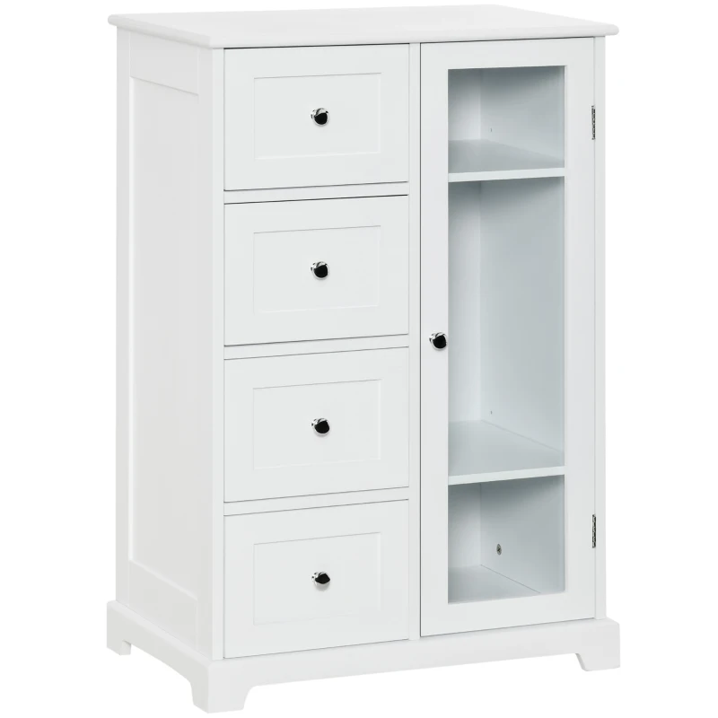 HOMCOM Floor Cabinet with Glass Door & 4 Drawers, Sideboard, Bathroom Storage Cabinet with Adjustable Shelf, for Living Room, Entryway, White
