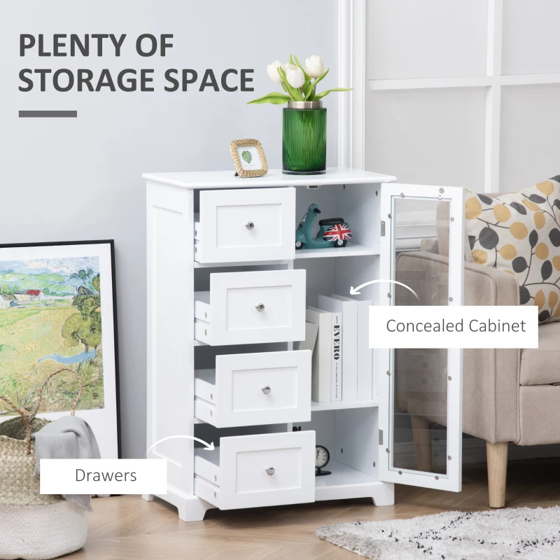 HOMCOM Floor Cabinet with Glass Door & 4 Drawers, Sideboard, Bathroom Storage Cabinet with Adjustable Shelf, for Living Room, Entryway, White