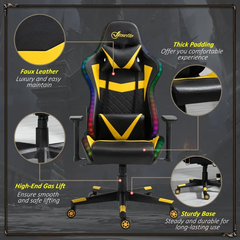 Vinsetto Racing Gaming Chair with RGB LED Lights, Adjustable Height, Gamer Office Chair, Computer Desk Chair, Black/Yellow