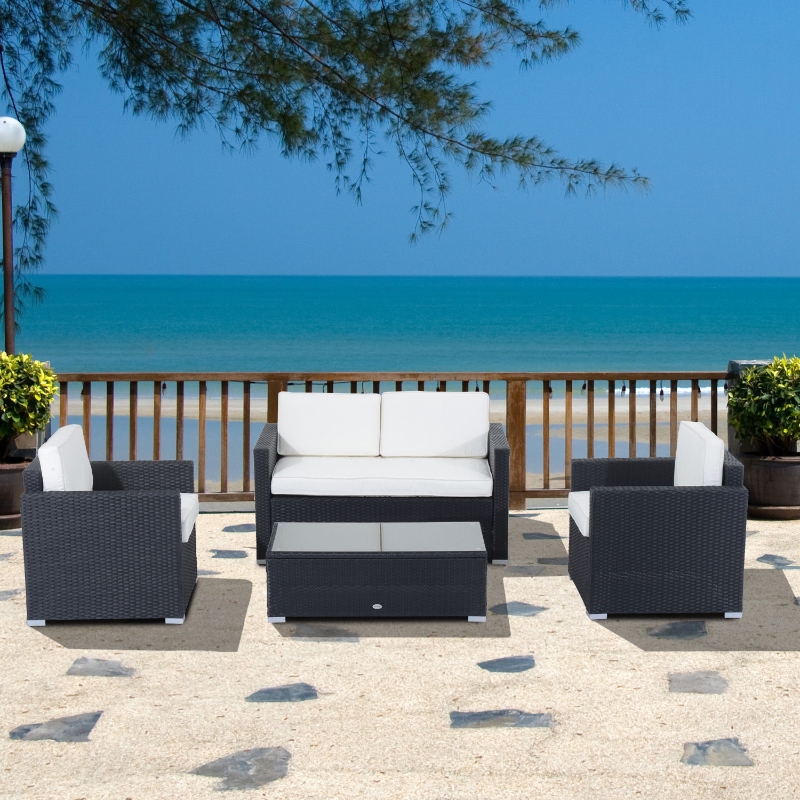 Outsunny 4pcs Rattan Wicker Sofa Outdoor Coffee Sectional Set Garden Patio Furniture Sets with Cushions, Cream White