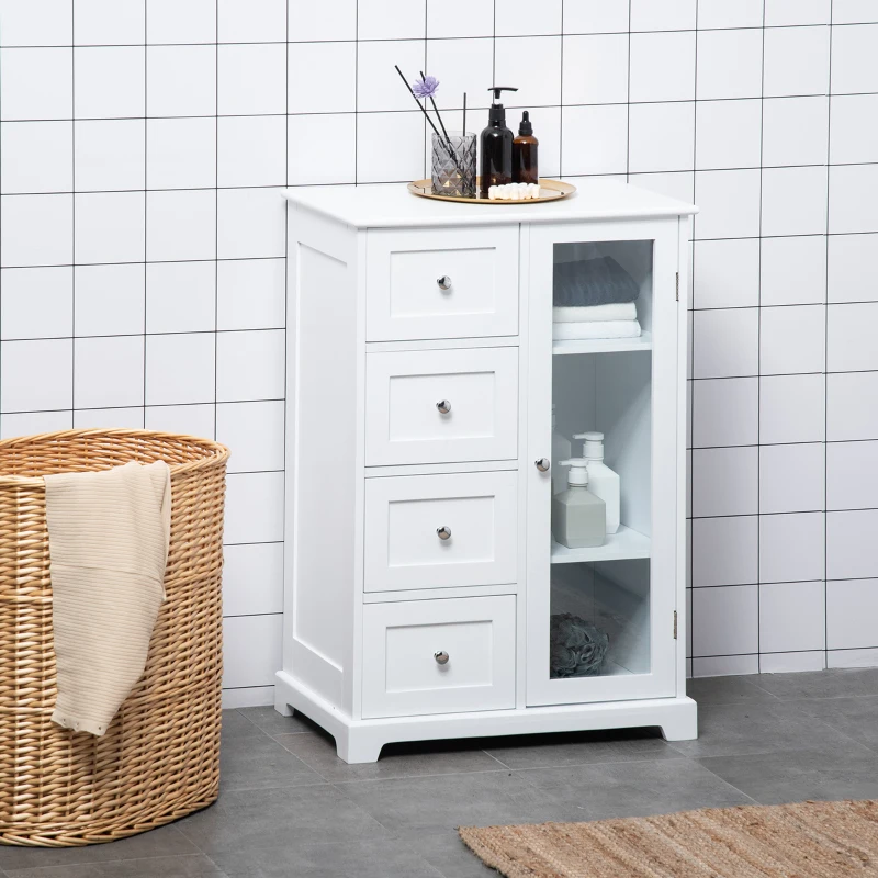 HOMCOM Floor Cabinet with Glass Door & 4 Drawers, Sideboard, Bathroom Storage Cabinet with Adjustable Shelf, for Living Room, Entryway, White