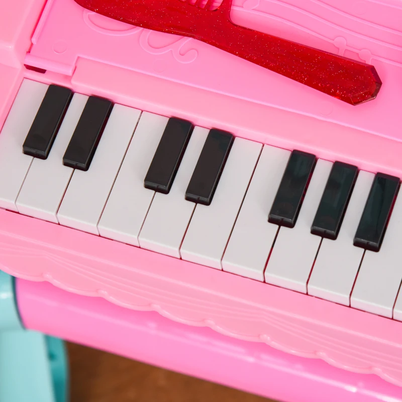 Qaba 2 In 1 Musical Piano Kids Dressing Table Set, 32 PCS Vanity Make Up Desk, Children Pretend Toy, with Beauty Kit, Mirror, Stool, Light, for 3-6 Years Old, Pink, Blue