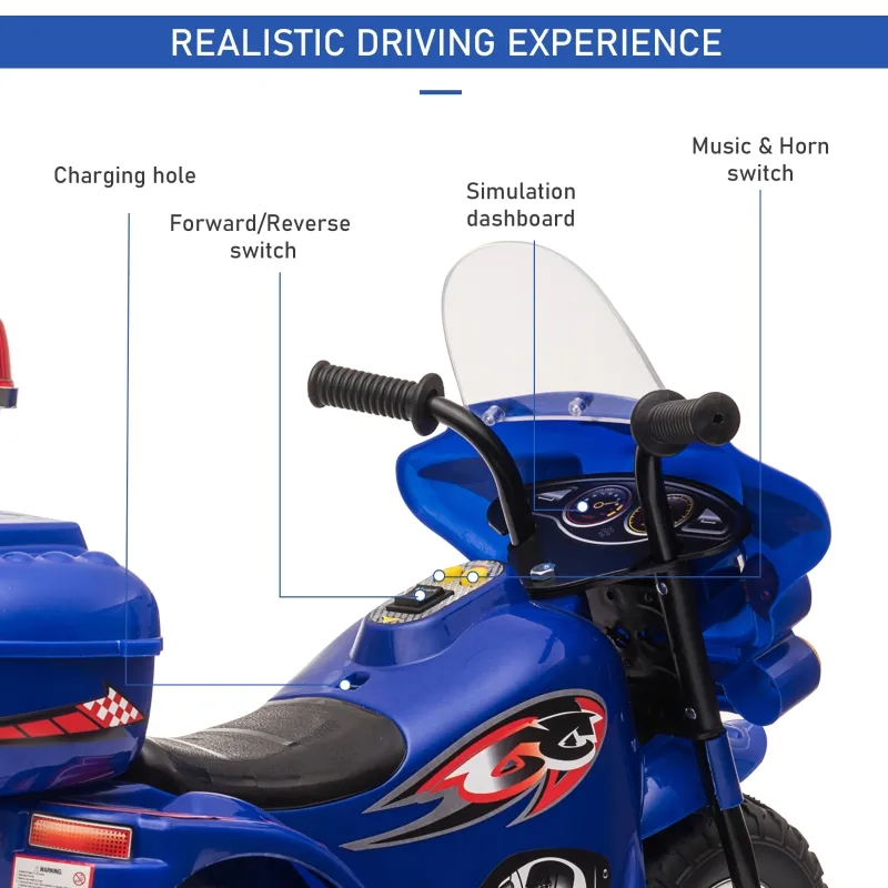 Aosom 6V Kids Motorcycle Dirt Bike Electric Battery-Powered Ride-On Toy Off-road Street Bike with Music & Horn Buttons, Stable 3-Wheel Design, & Rear Storage Space, Blue